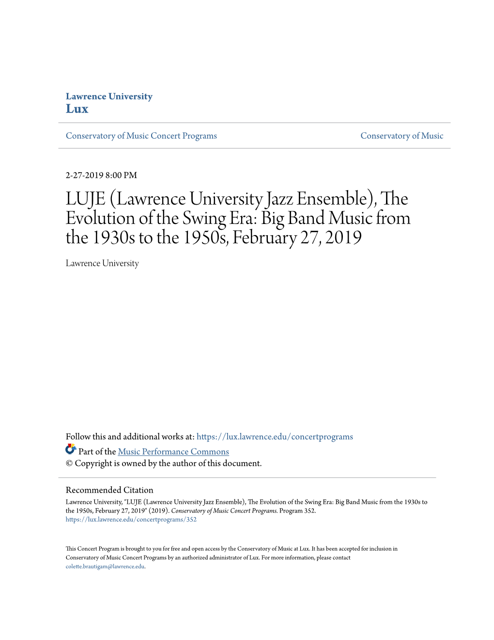 Lawrence University Jazz Ensemble), the Evolution of the Swing Era: Big Band Music from the 1930S to the 1950S, February 27, 2019 Lawrence University