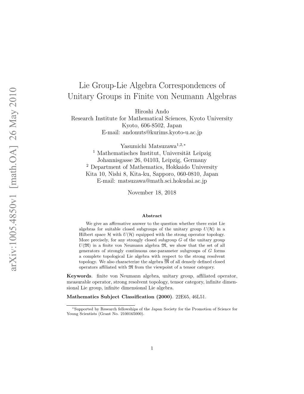 Lie Group-Lie Algebra Correspondences of Unitary