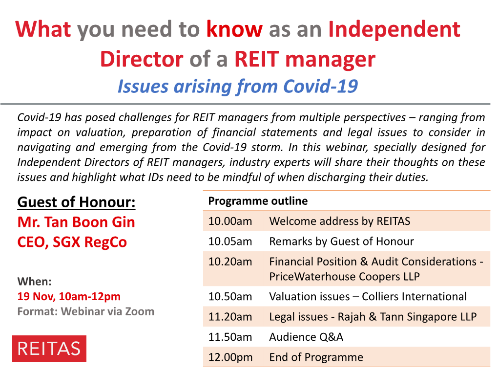 What You Need to Know As an Independent Director of a REIT Manager Issues Arising from Covid-19