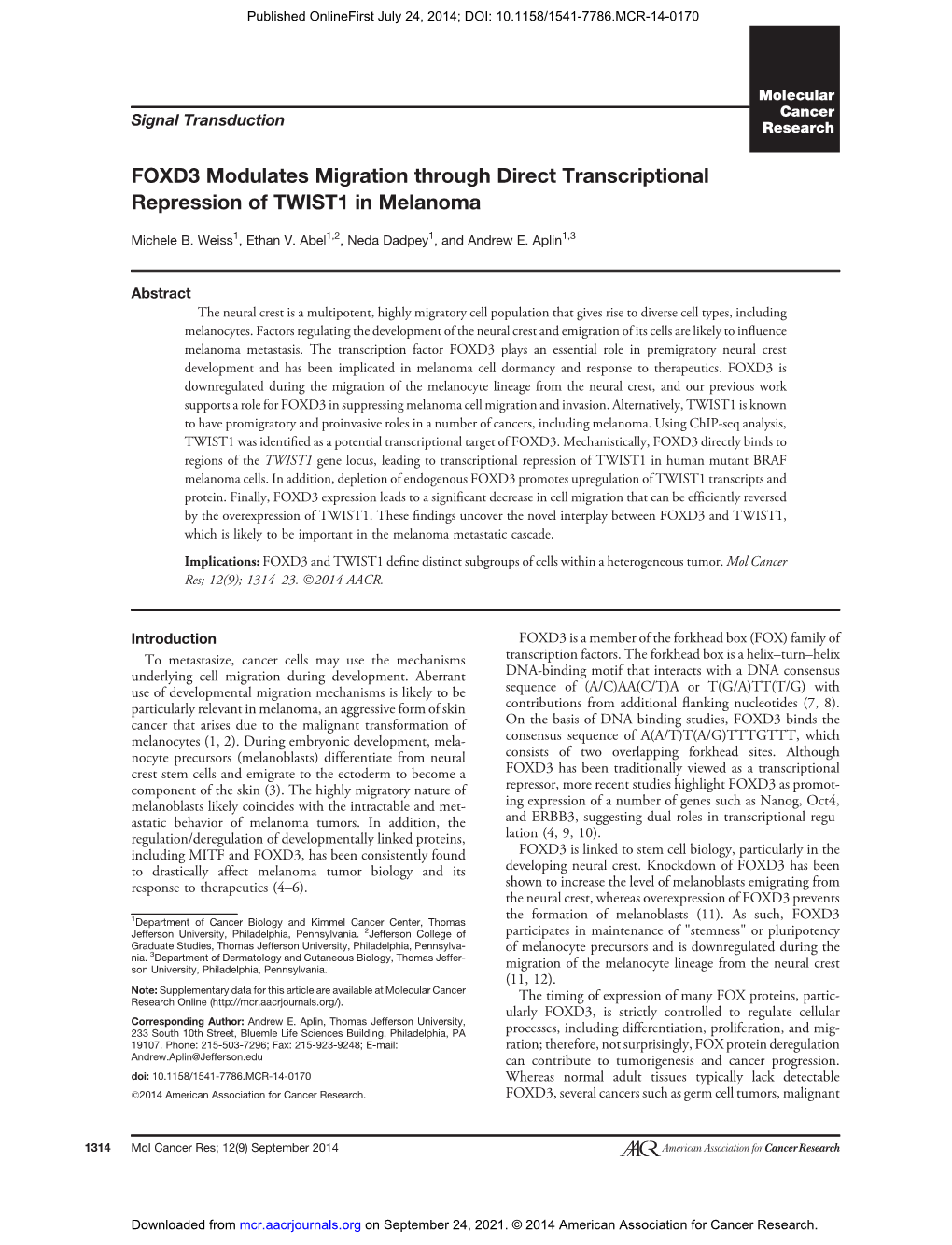 FOXD3 Modulates Migration Through Direct Transcriptional Repression of TWIST1 in Melanoma