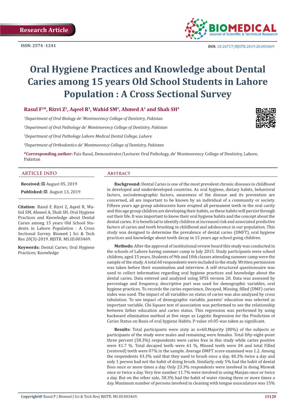 Oral Hygiene Practices and Knowledge About Dental Caries Among 15 Years Old School Students in Lahore Population : a Cross Sectional Survey