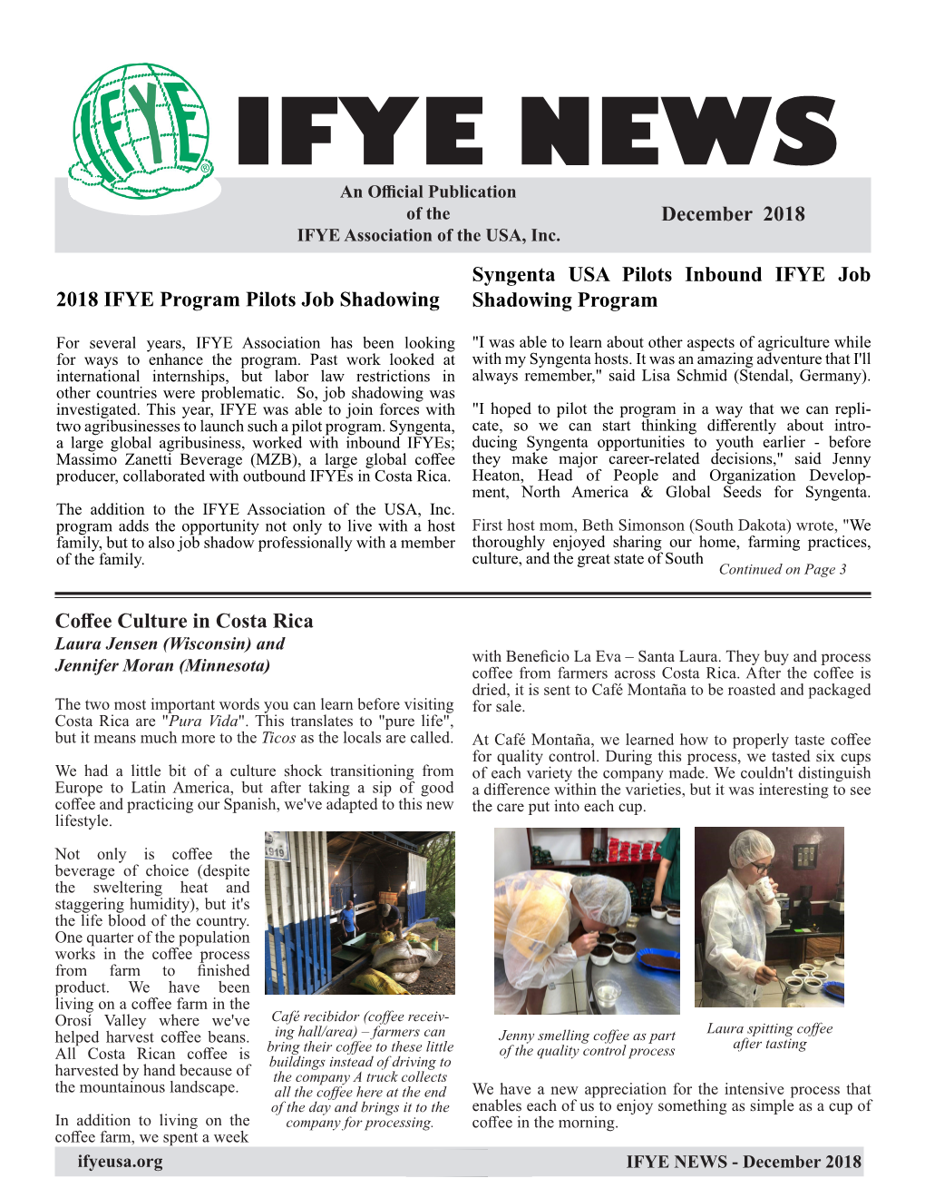 IFYE NEWS an Official Publication of the December 2018 IFYE Association of the USA, Inc