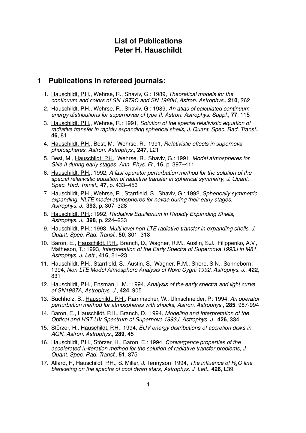 List of Publications Peter H. Hauschildt 1 Publications In