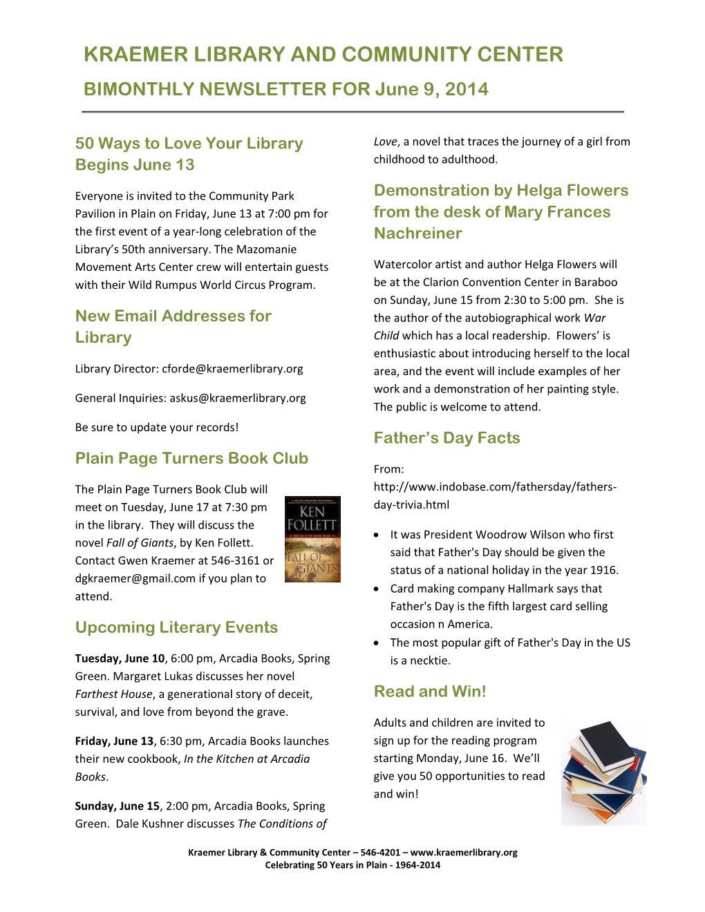 KRAEMER LIBRARY and COMMUNITY CENTER BIMONTHLY NEWSLETTER for June 9, 2014