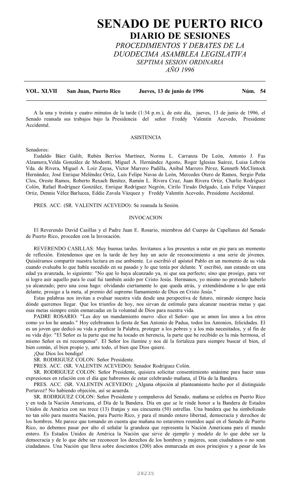 Senado De Puerto Rico Diario De Sesiones Procedimientos Y Debates De La Duodecima Asamblea Legislativa Septima Sesion Ordinaria Año 1996