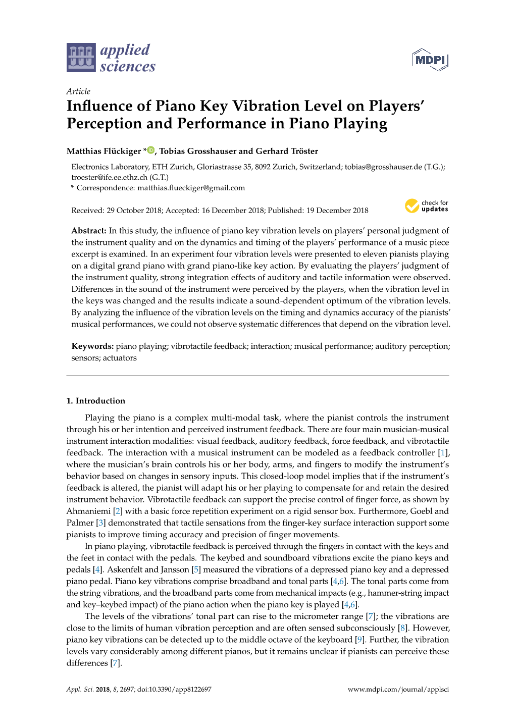 Influence of Piano Key Vibration Level on Players' Perception and Performance in Piano Playing