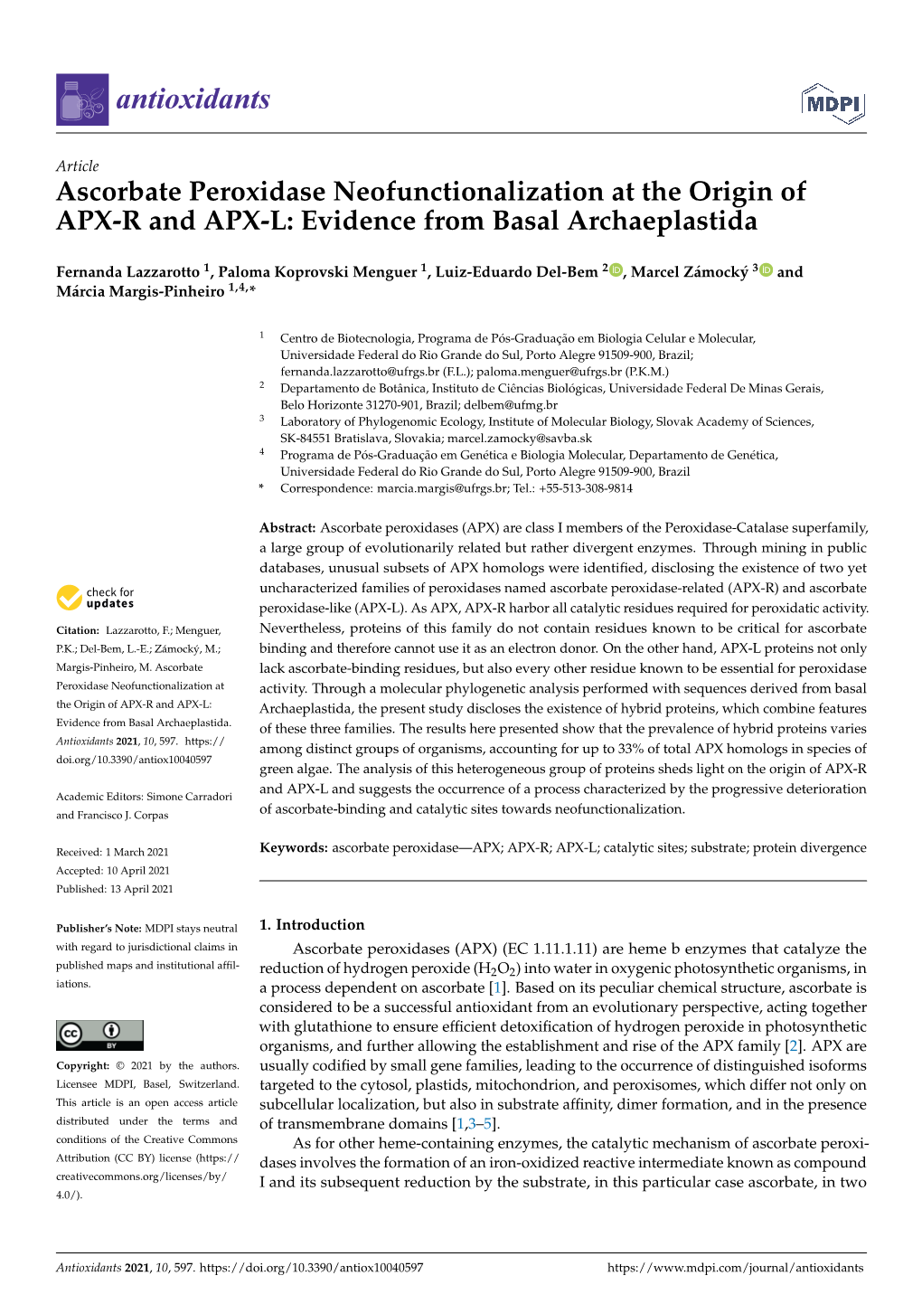 Ascorbate Peroxidase Neofunctionalization at the Origin of APX-R and APX-L: Evidence from Basal Archaeplastida
