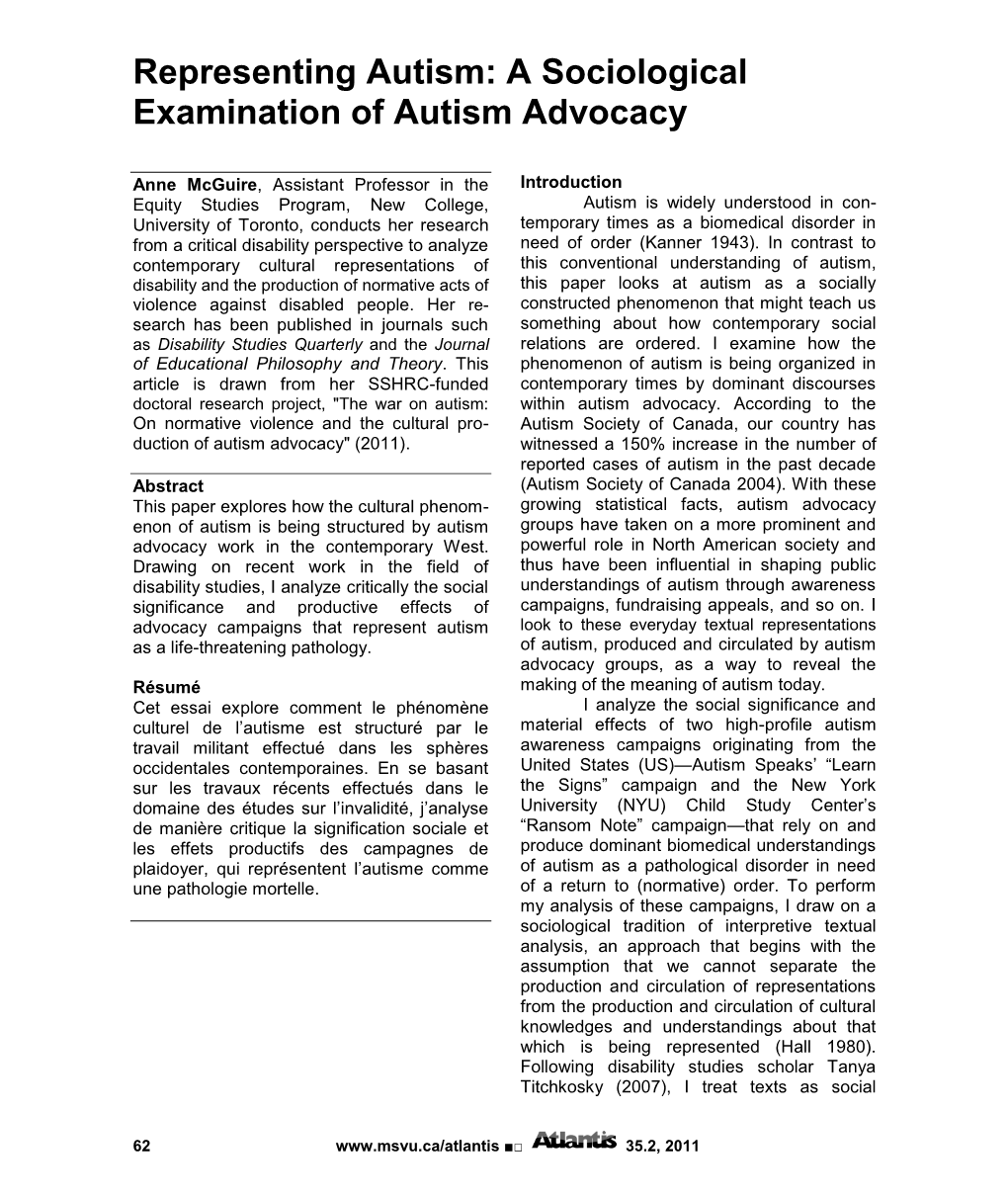 A Sociological Examination of Autism Advocacy