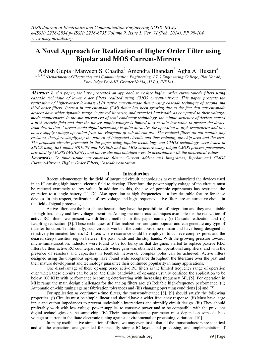 A Novel Approach for Realization of Higher Order Filter Using Bipolar and MOS Current-Mirrors