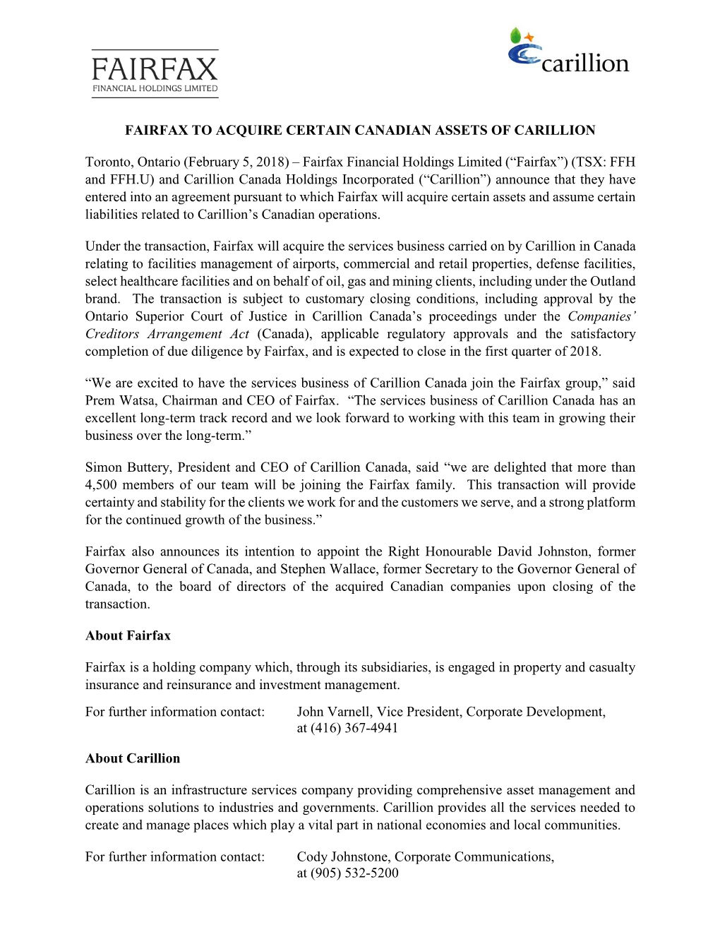 Fairfax to Acquire Certain Canadian Assets of Carillion