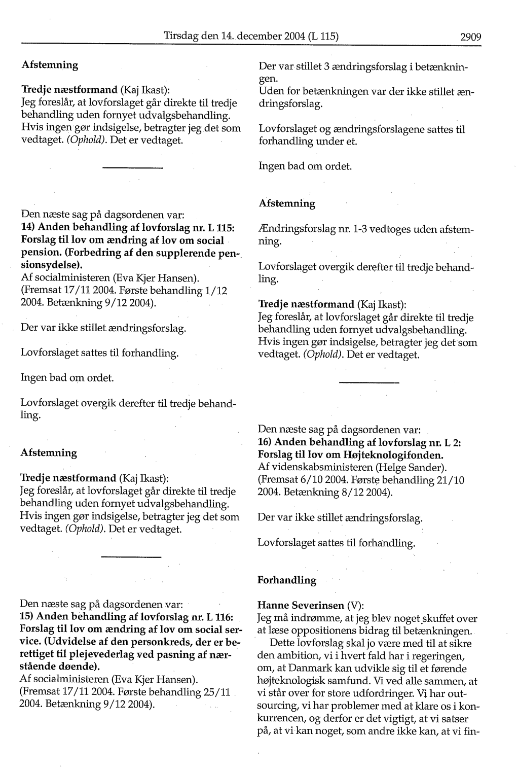 Tirsdag Den 14. December 2004 (L 115) 2909 Afstemning Tredje Næstformand (Kaj Ikast): Jeg Foreslår, at Lovforslaget Går Direk