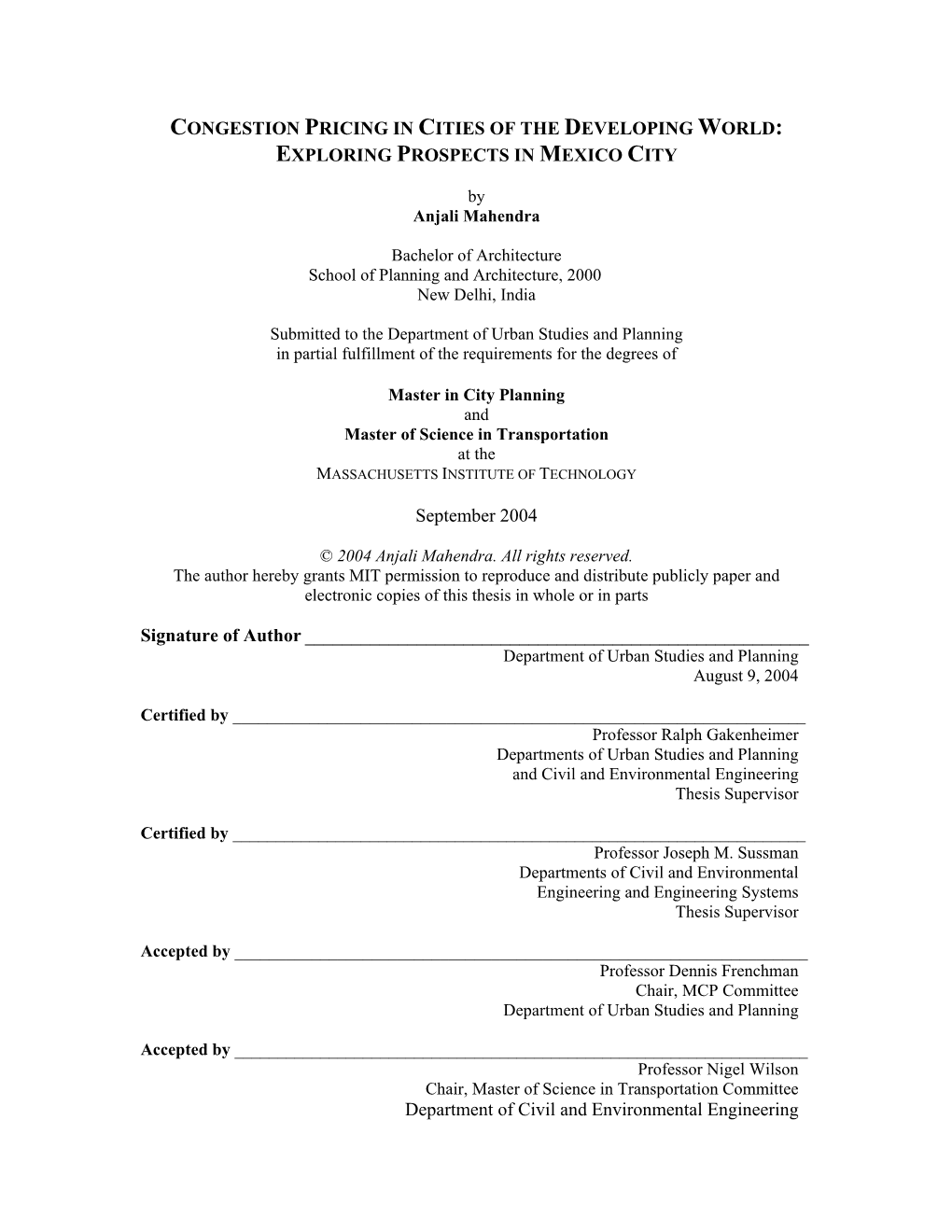 Congestion Pricing in Cities of the Developing World: Exploring Prospects in Mexico City