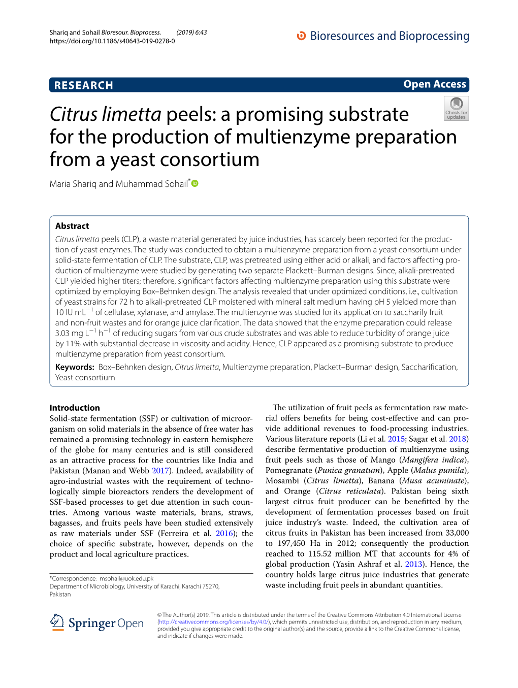 Citrus Limetta Peels: a Promising Substrate for the Production of Multienzyme Preparation from a Yeast Consortium Maria Shariq and Muhammad Sohail*