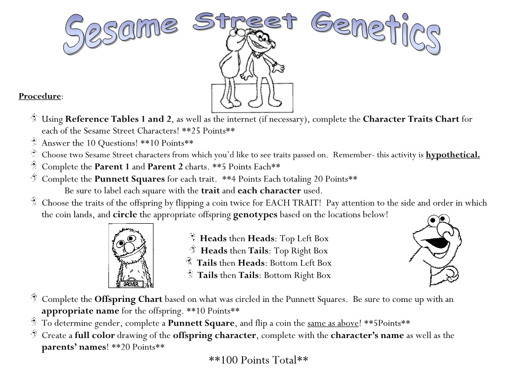 100 Points Total** Reference Table 1: Genetics of Sesame Street Characters