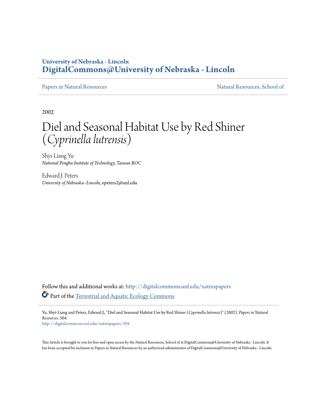 Diel and Seasonal Habitat Use by Red Shiner (&lt;I&gt;Cyprinella Lutrensis