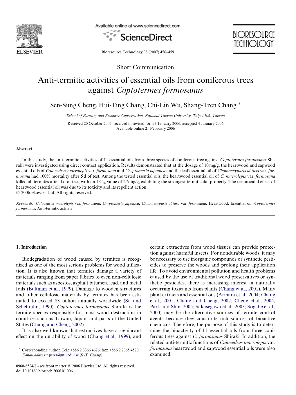 Anti-Termitic Activities of Essential Oils from Coniferous Trees Against Coptotermes Formosanus