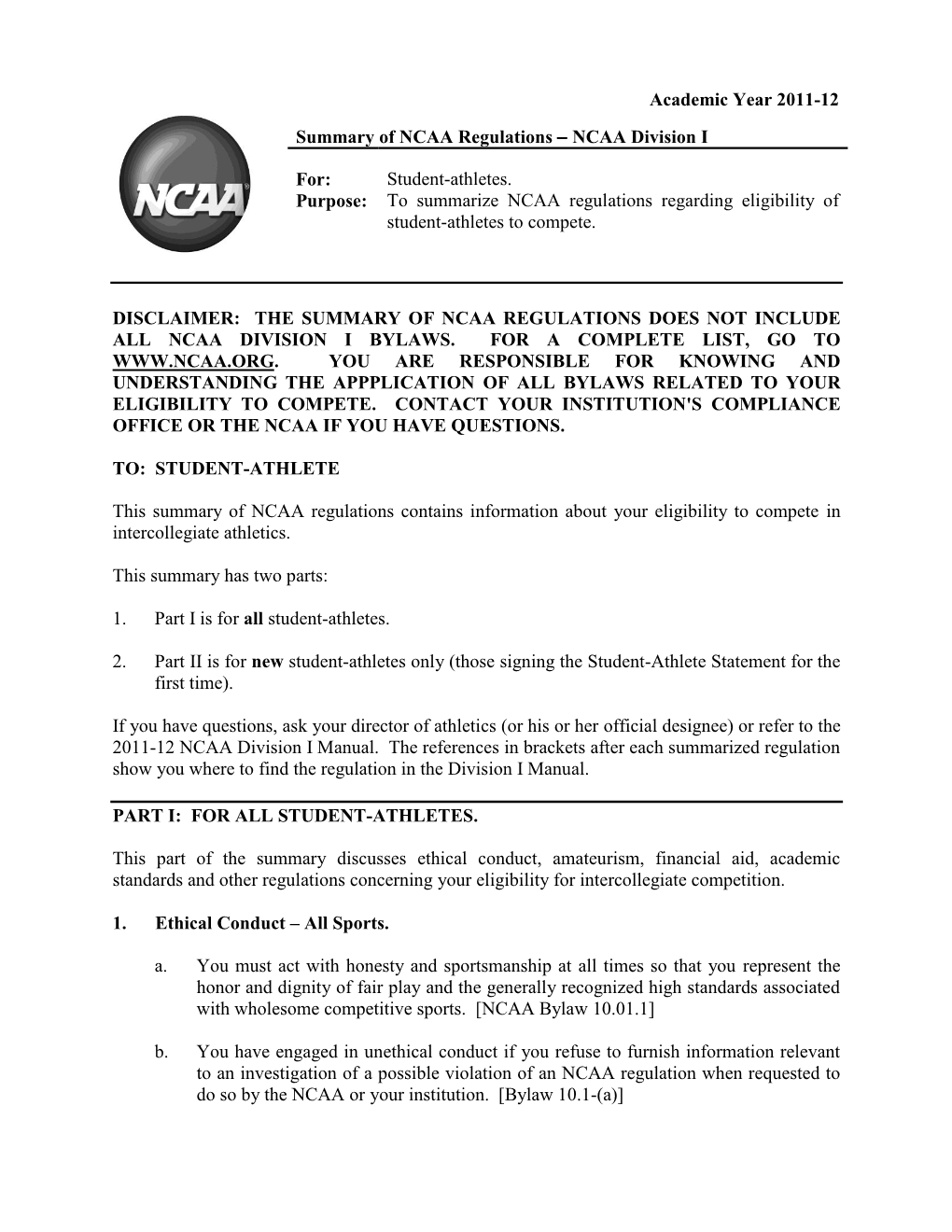 Summary of NCAA Regulations Division I