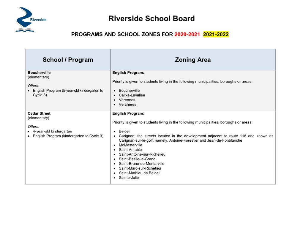 School / Program Zoning Area