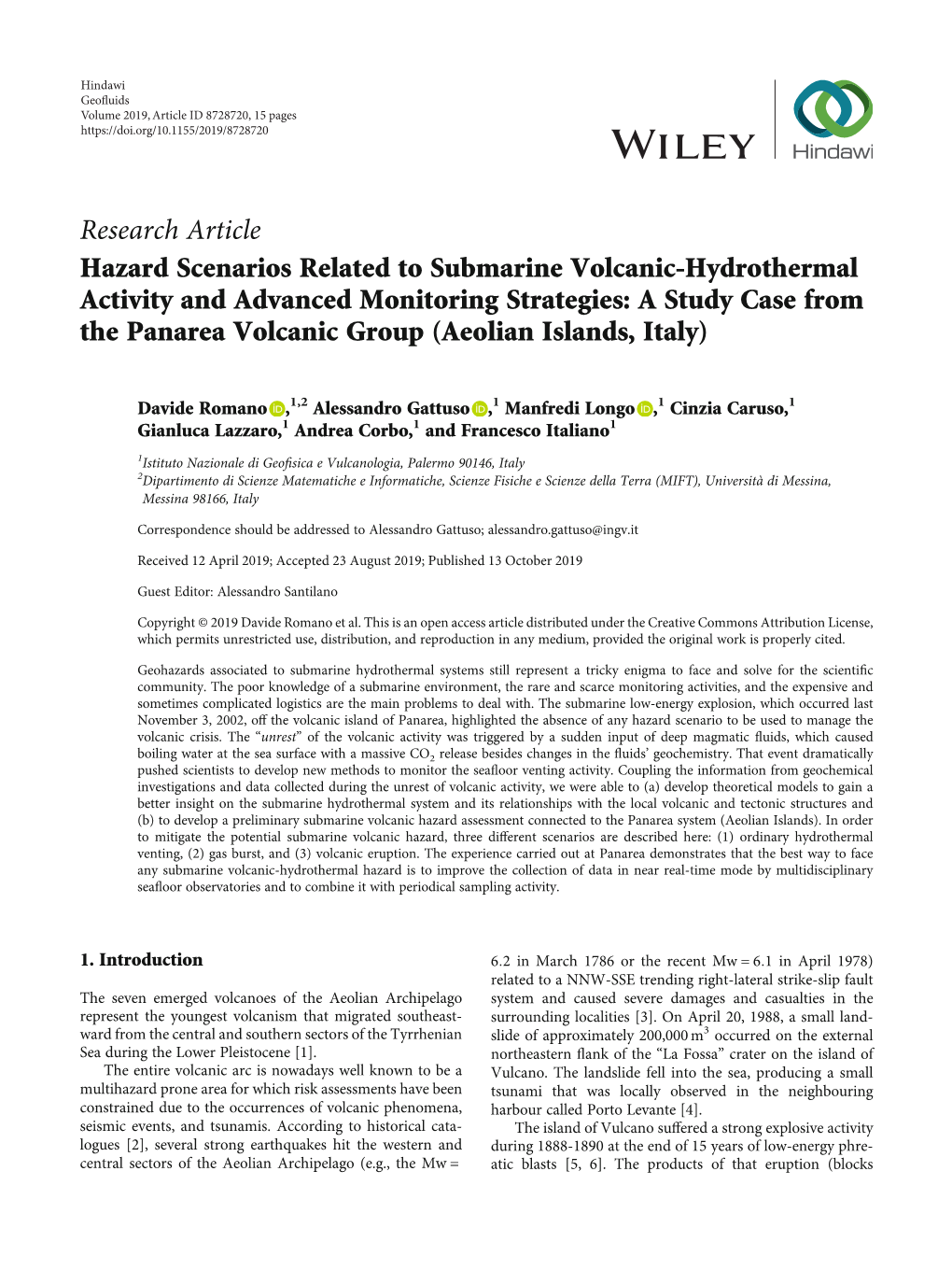 Research Article Hazard Scenarios Related to Submarine Volcanic-Hydrothermal Activity and Advanced Monitoring Strategies: a Study Case from the Panarea Volcanic Group (Aeolian