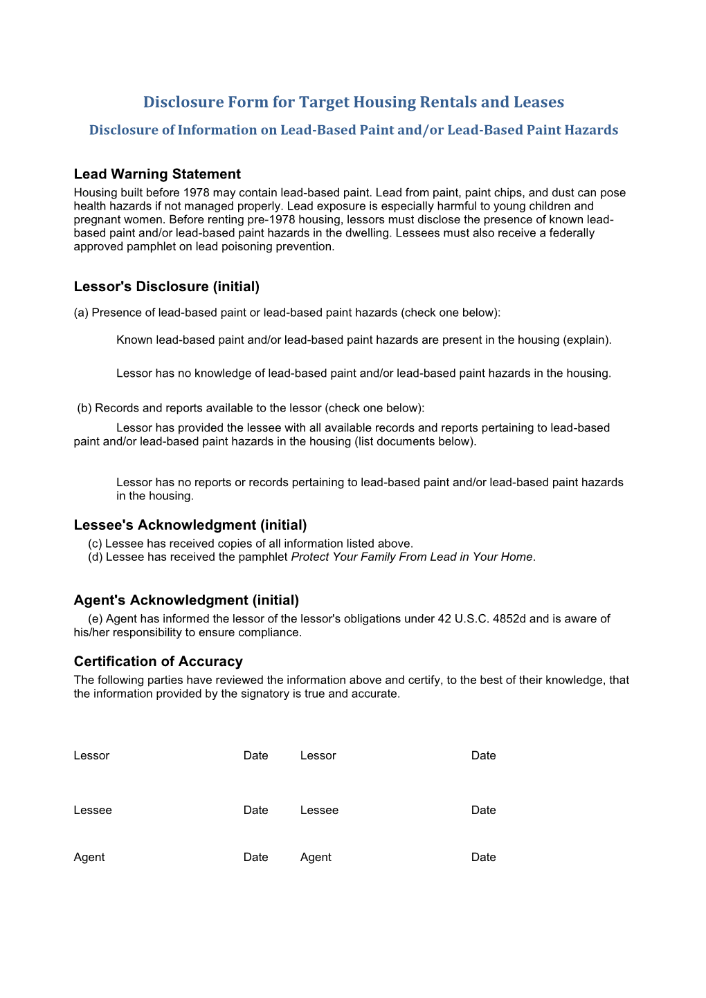 Disclosure Form for Target Housing Rentals and Leases