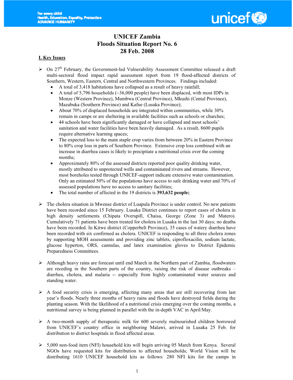 UNICEF Zambia Floods Situation Report No. 6 28 Feb. 2008 I