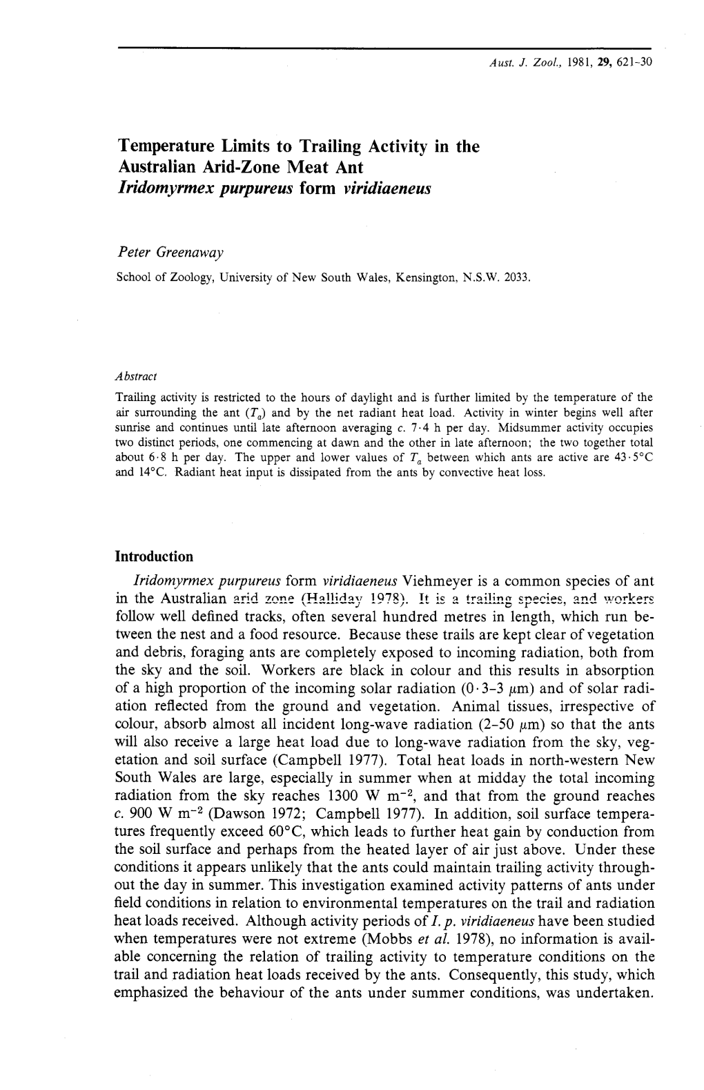 Temperature Limits to Trailing Activity in the Australian Arid-Zone Meat Ant Iridomyrmex Purpureus Form Viridiaeneus