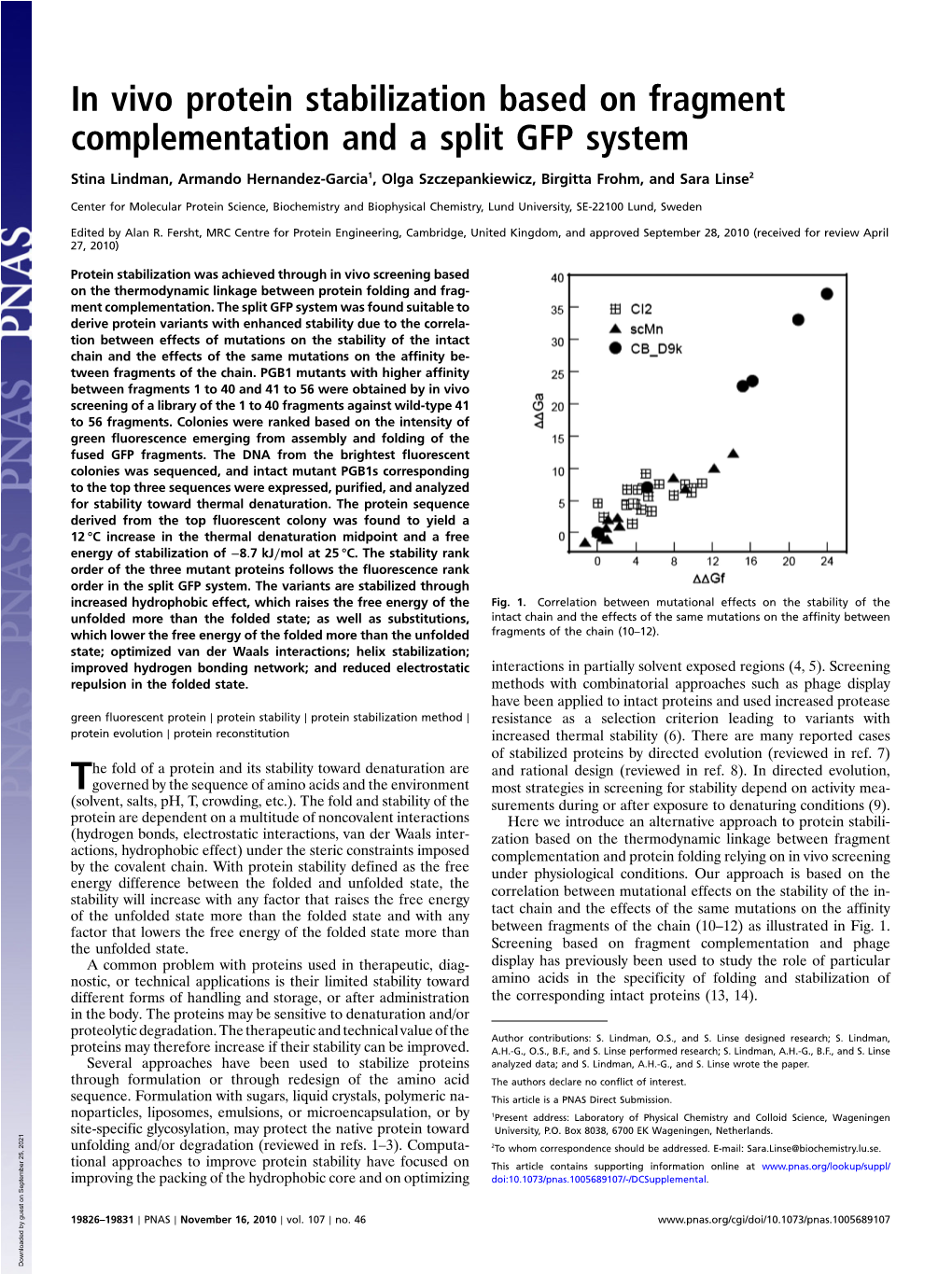 In Vivo Protein Stabilization Based on Fragment Complementation and a Split GFP System