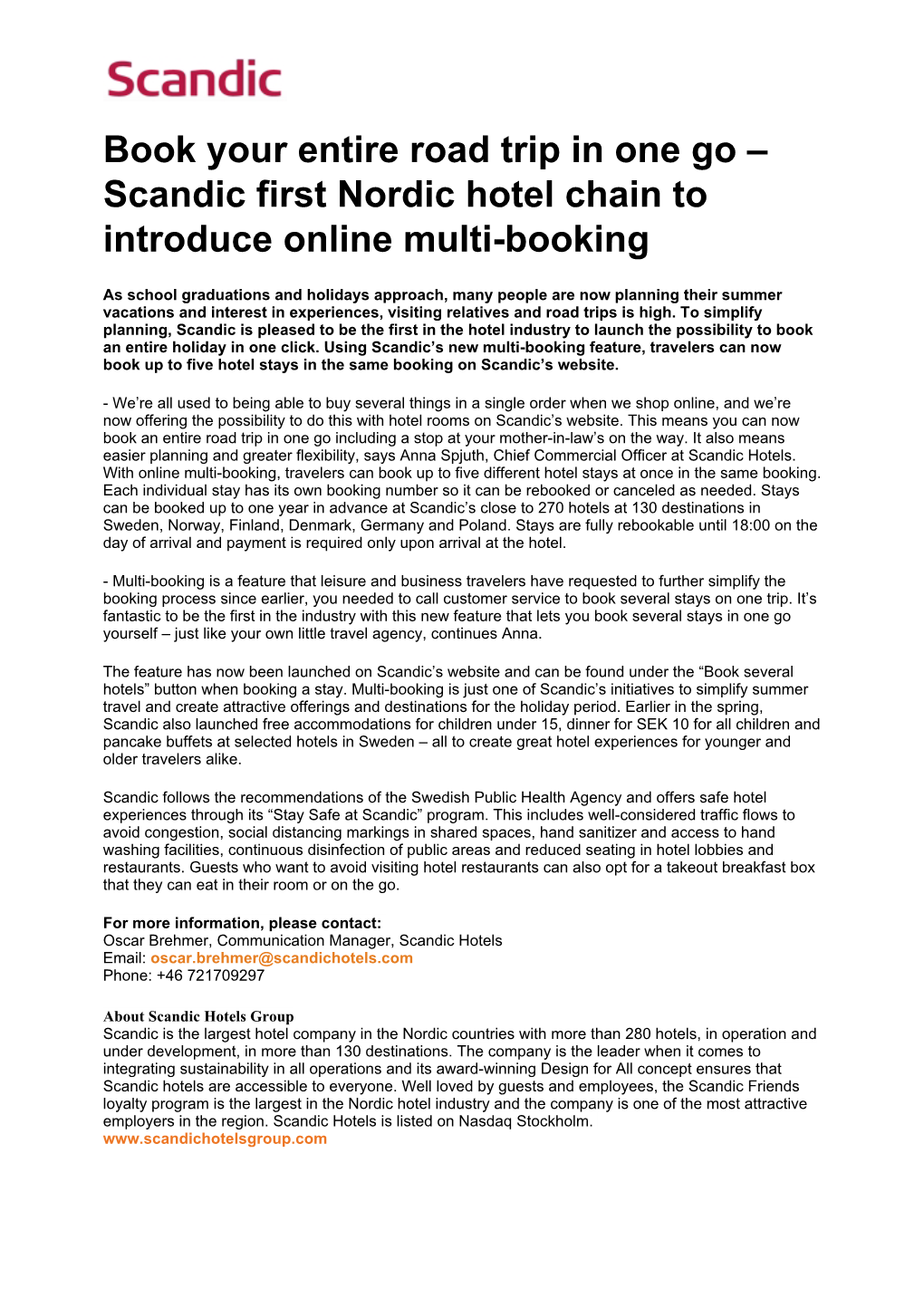 Book Your Entire Road Trip in One Go – Scandic First Nordic Hotel Chain to Introduce Online Multi-Booking