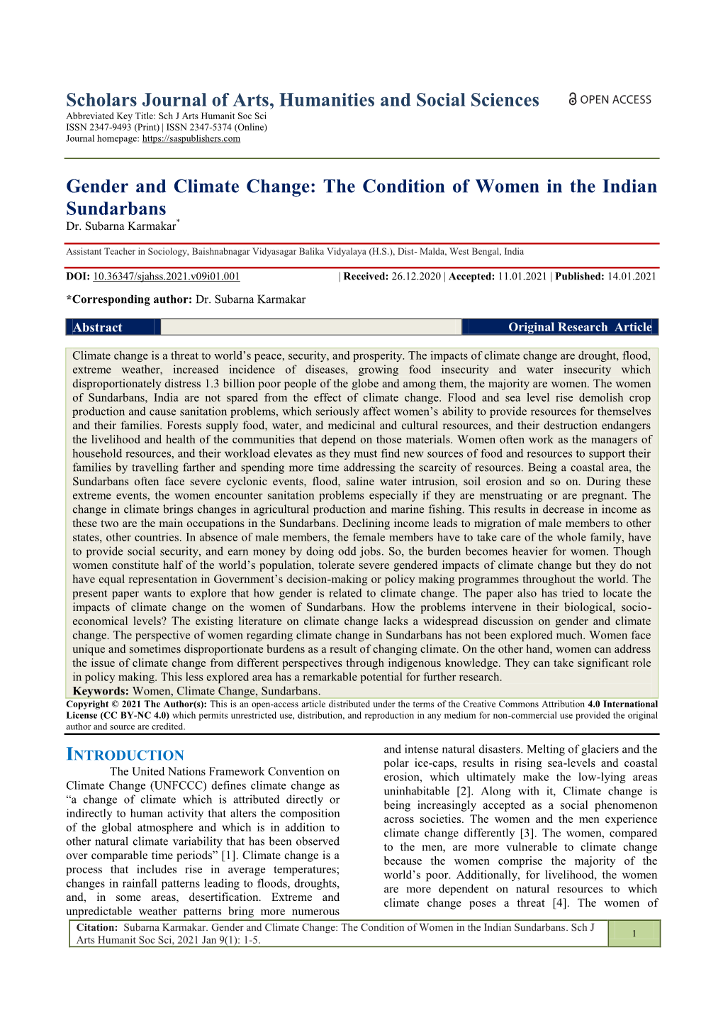 Gender and Climate Change: the Condition of Women in the Indian Sundarbans Dr