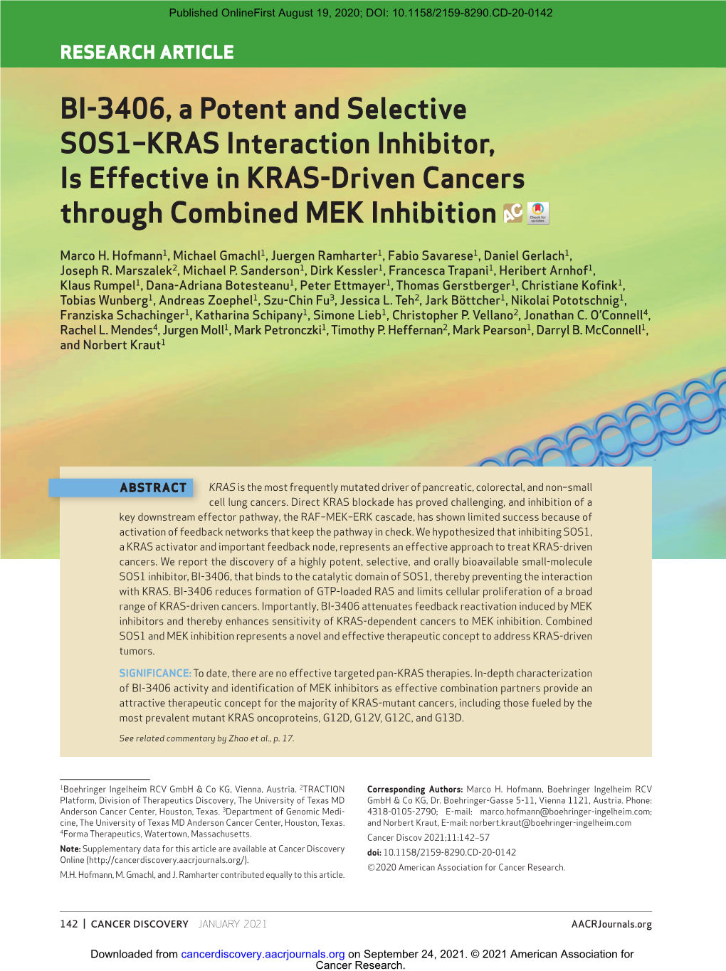 BI-3406, a Potent and Selective SOS1–KRAS Interaction Inhibitor, Is Effective in KRAS-Driven Cancers Through Combined MEK Inhibition