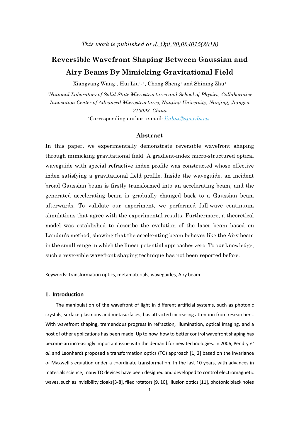 Reversible Wavefront Shaping Between Gaussian and Airy Beams by Mimicking Gravitational Field