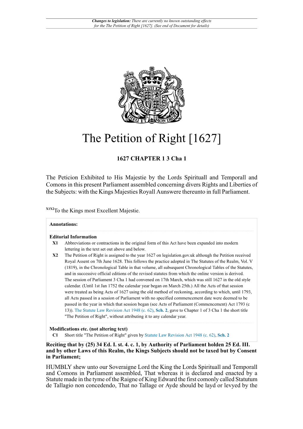 The Petition of Right [1627]