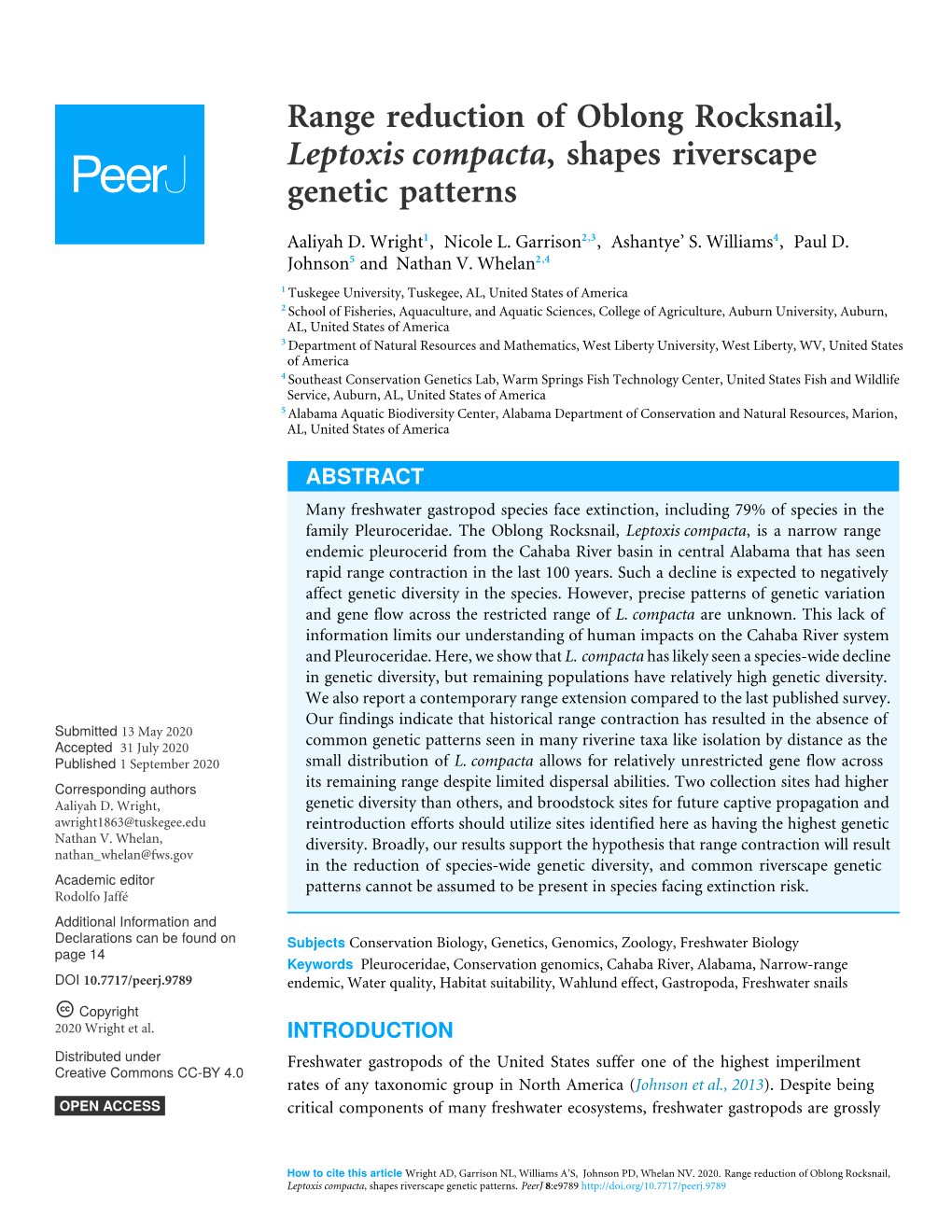 Range Reduction of Oblong Rocksnail, Leptoxis Compacta, Shapes Riverscape Genetic Patterns