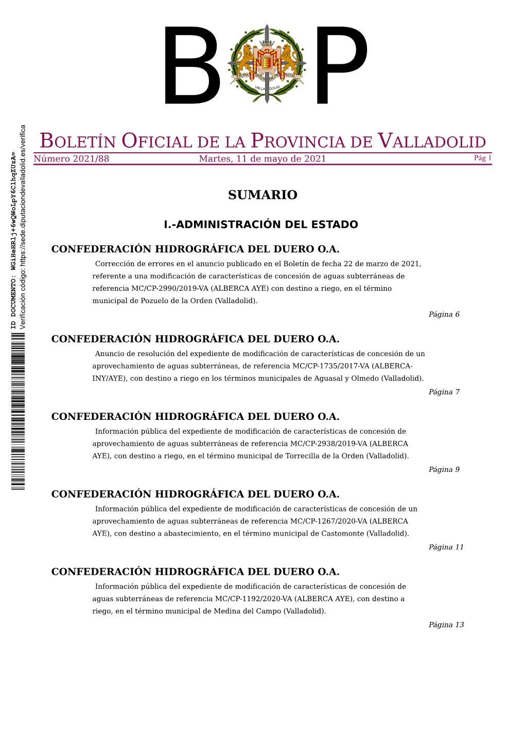 BOLETÍN OFICIAL DE LA PROVINCIA DE VALLADOLID Número 2021/88 Martes, 11 De Mayo De 2021 Pág 1