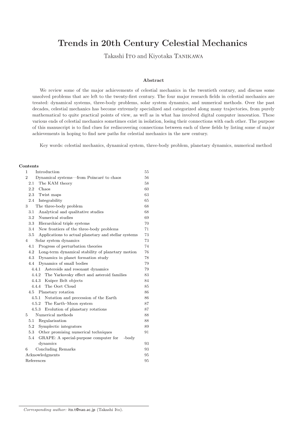 Trends in 20Th Century Celestial Mechanics Takashi Ito and Kiyotaka Tanikawa (Received April 28, 2006; Accepted March 14, 2007)