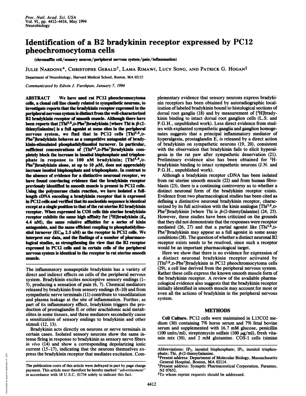 Identification of a B2 Bradykinin Receptor Expressed by PC12