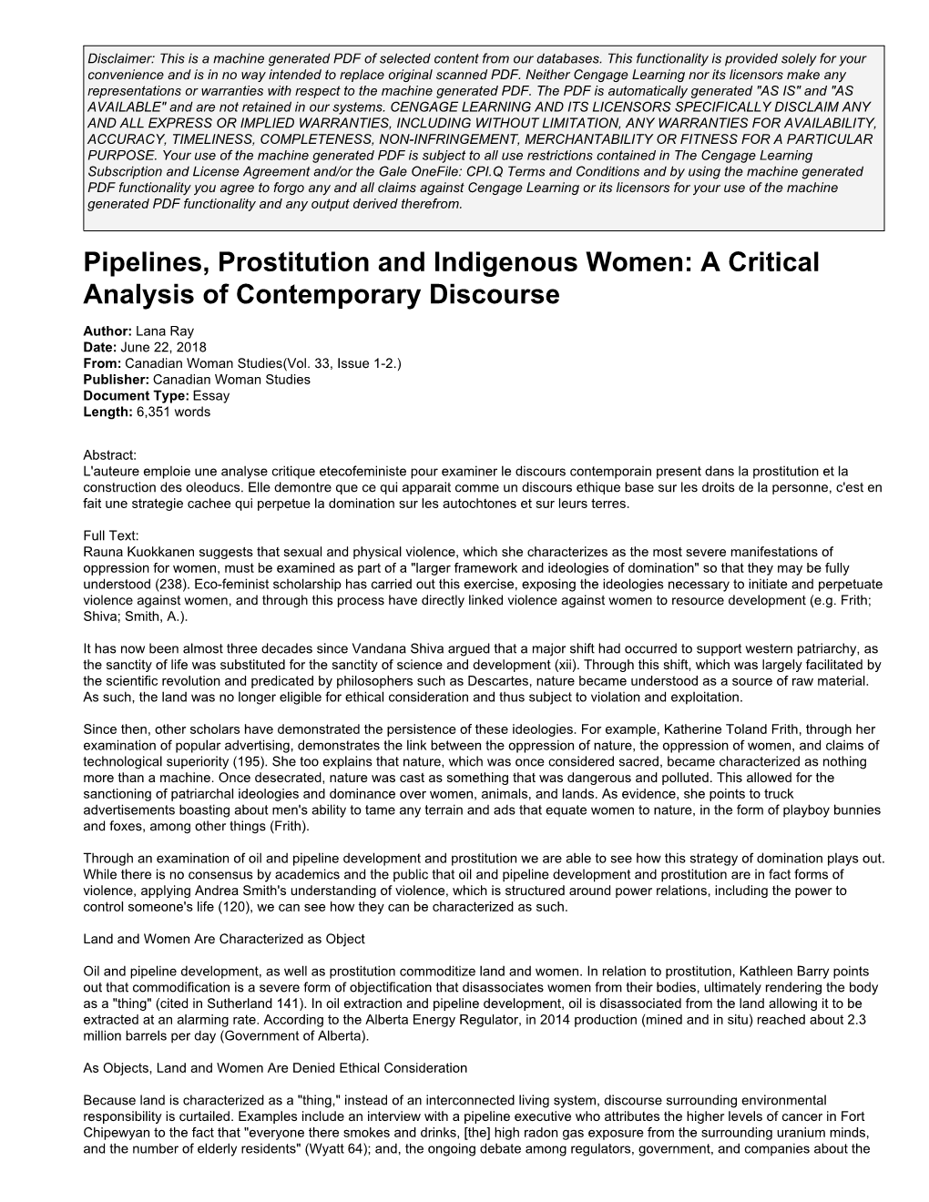 Pipelines, Prostitution and Indigenous Women: a Critical Analysis of Contemporary Discourse