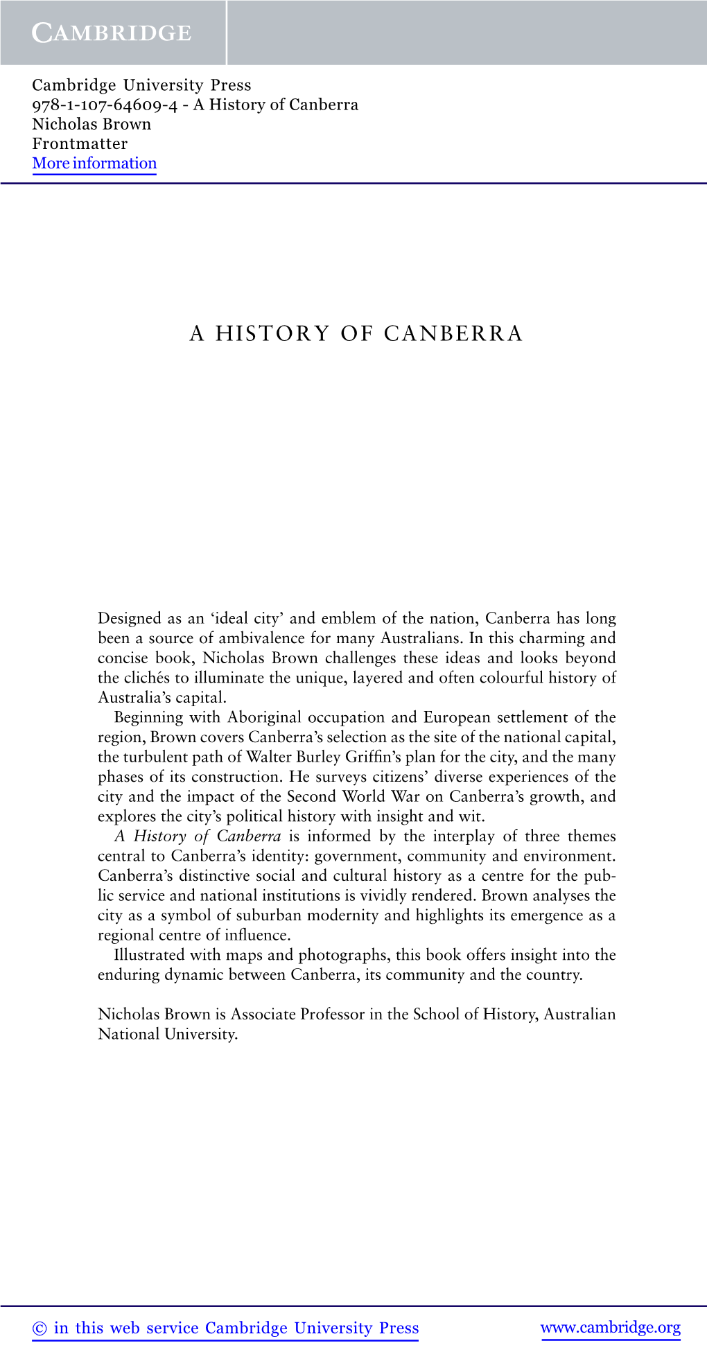 A History of Canberra Nicholas Brown Frontmatter More Information