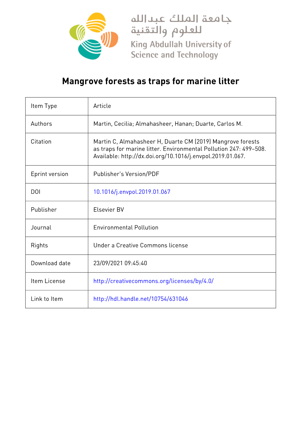 Mangrove Forests As Traps for Marine Litter