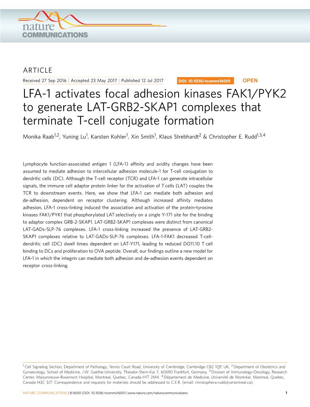 LFA-1 Activates Focal Adhesion Kinases FAK1/PYK2 to Generate LAT-GRB2-SKAP1 Complexes That Terminate T-Cell Conjugate Formation