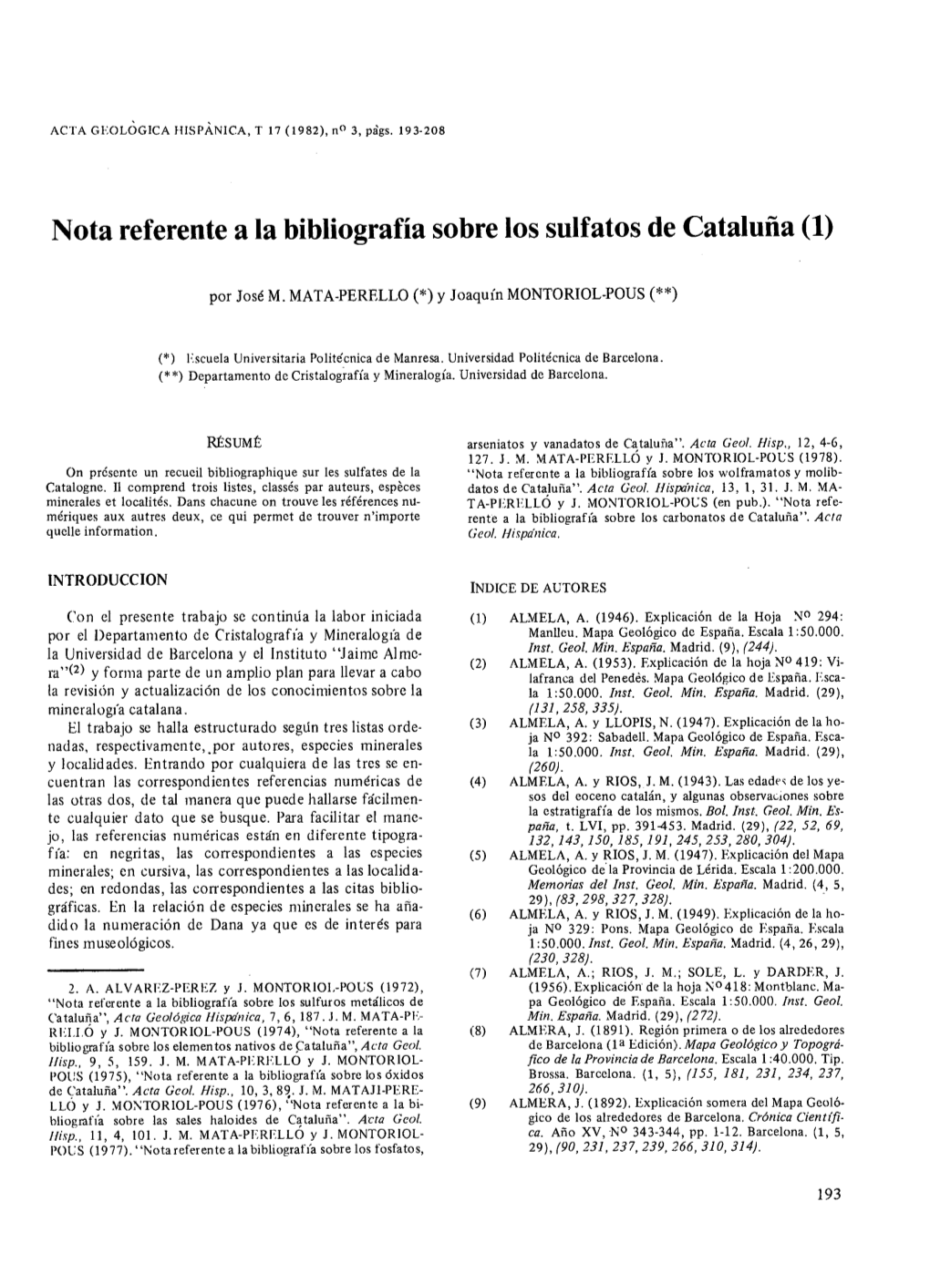 Nota Referente a La Bibliografía Sobre Los Sulfatos De Cataluria (1)