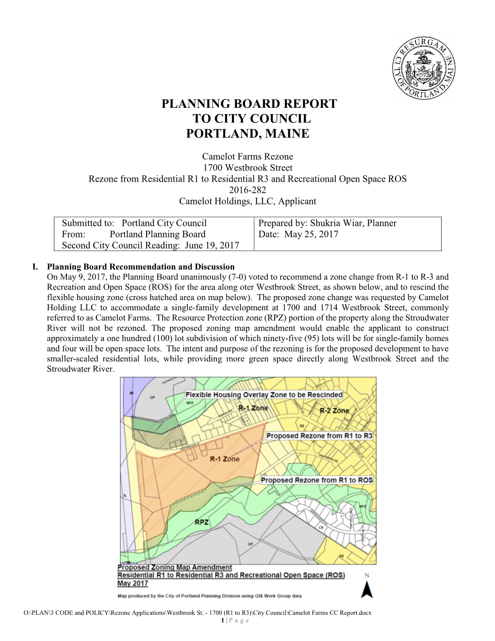 Planning Board Report to City Council Portland, Maine