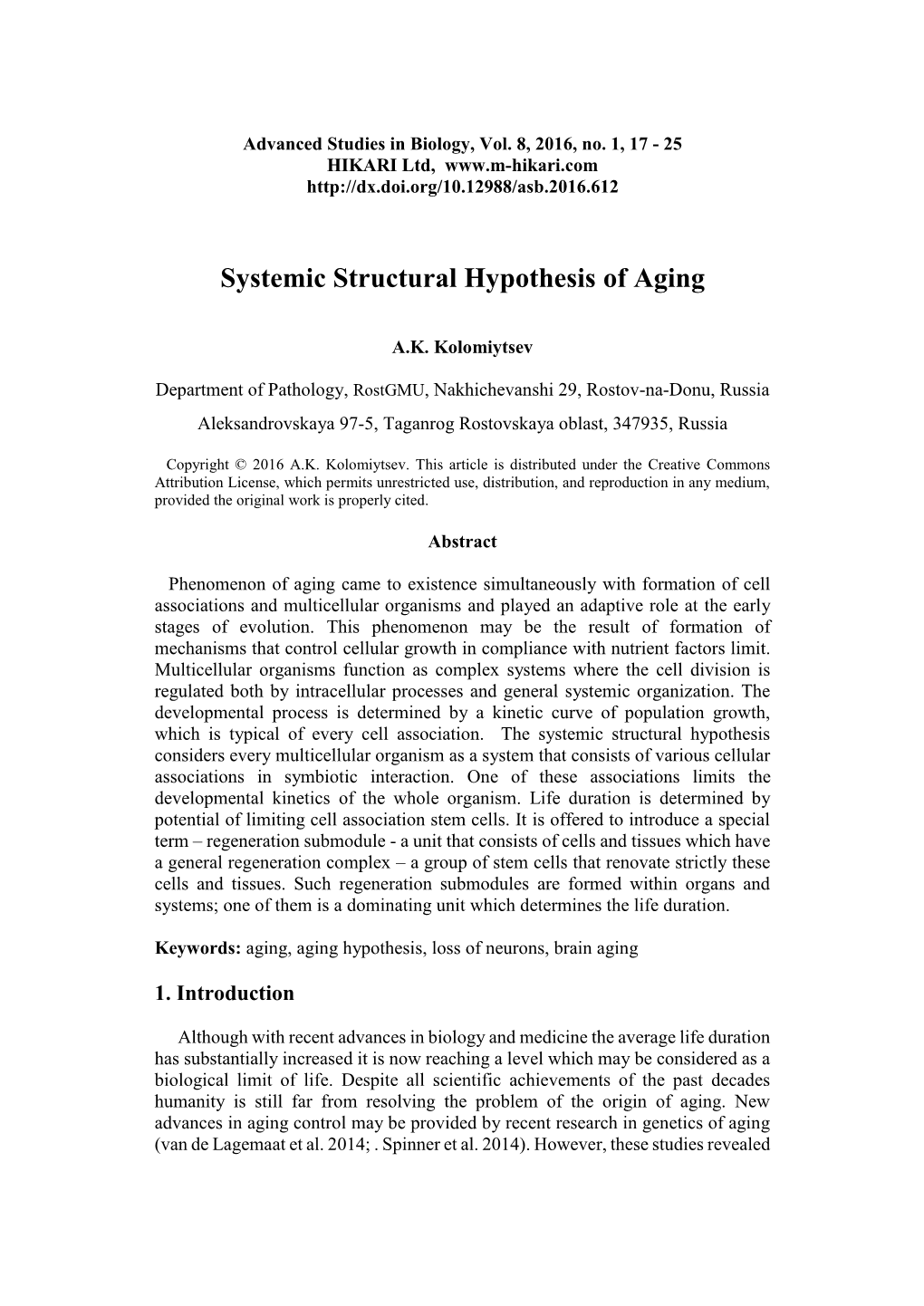 Systemic Structural Hypothesis of Aging