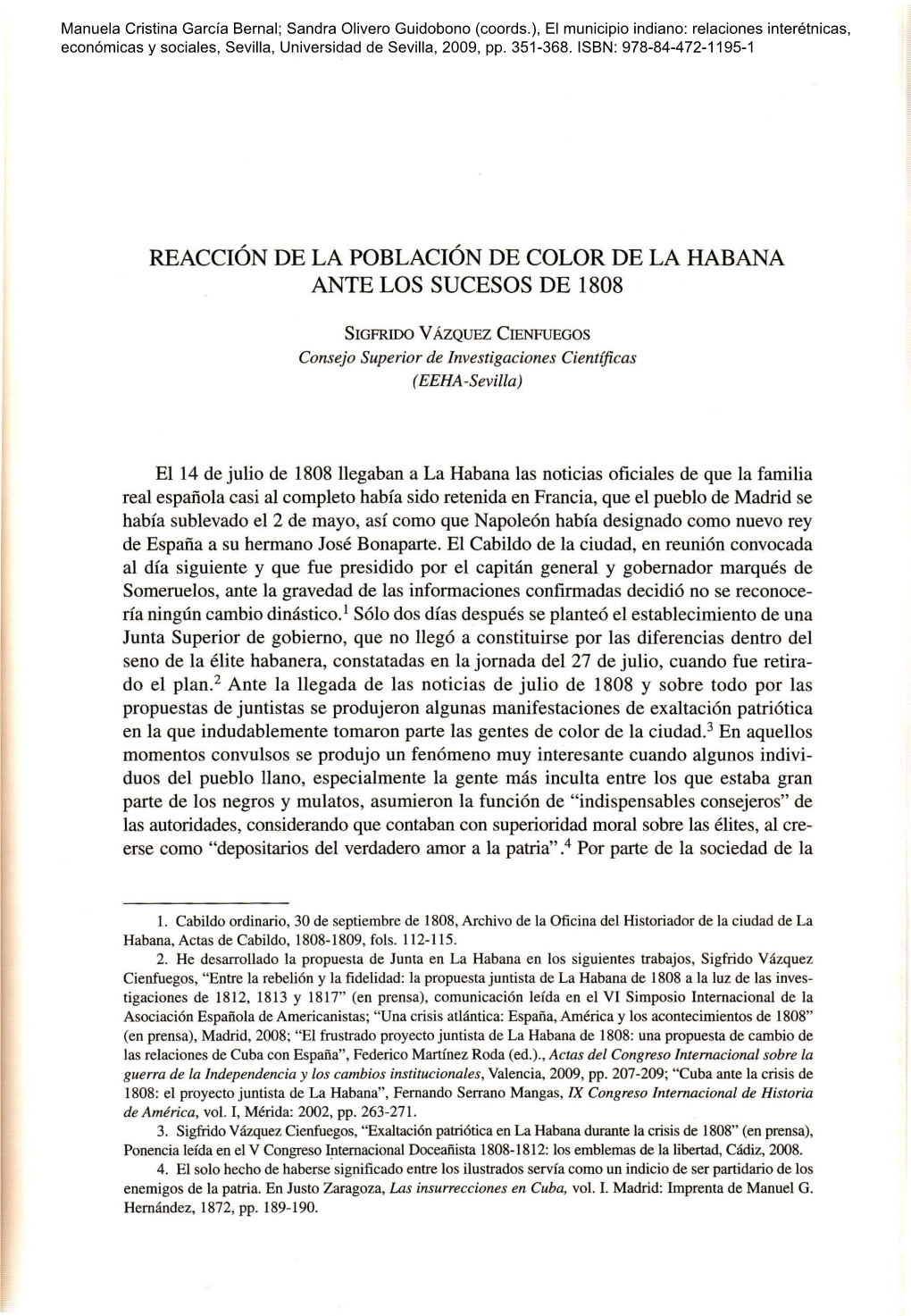 Reacción De La Población De Color De La Habana Ante Los Sucesos De 1808