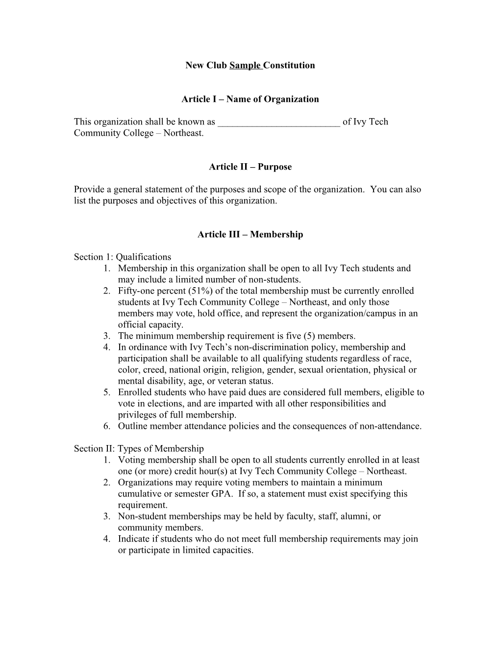 New Club Sample Constitution