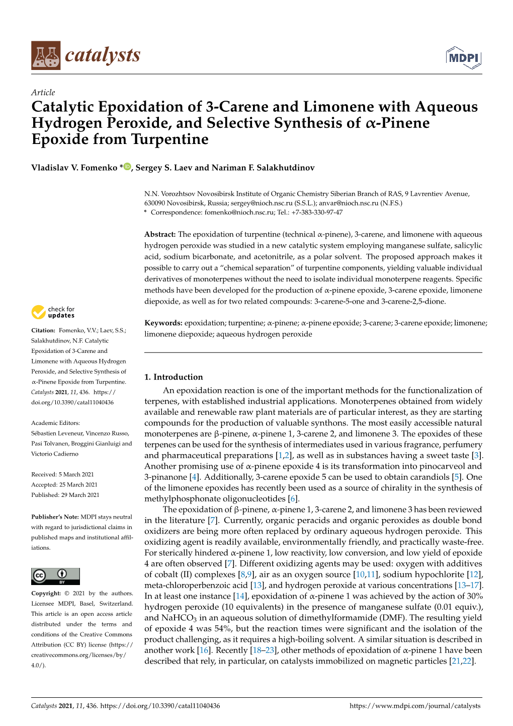 Catalytic Epoxidation of 3-Carene and Limonene with Aqueous Hydrogen Peroxide, and Selective Synthesis of Α-Pinene Epoxide from Turpentine