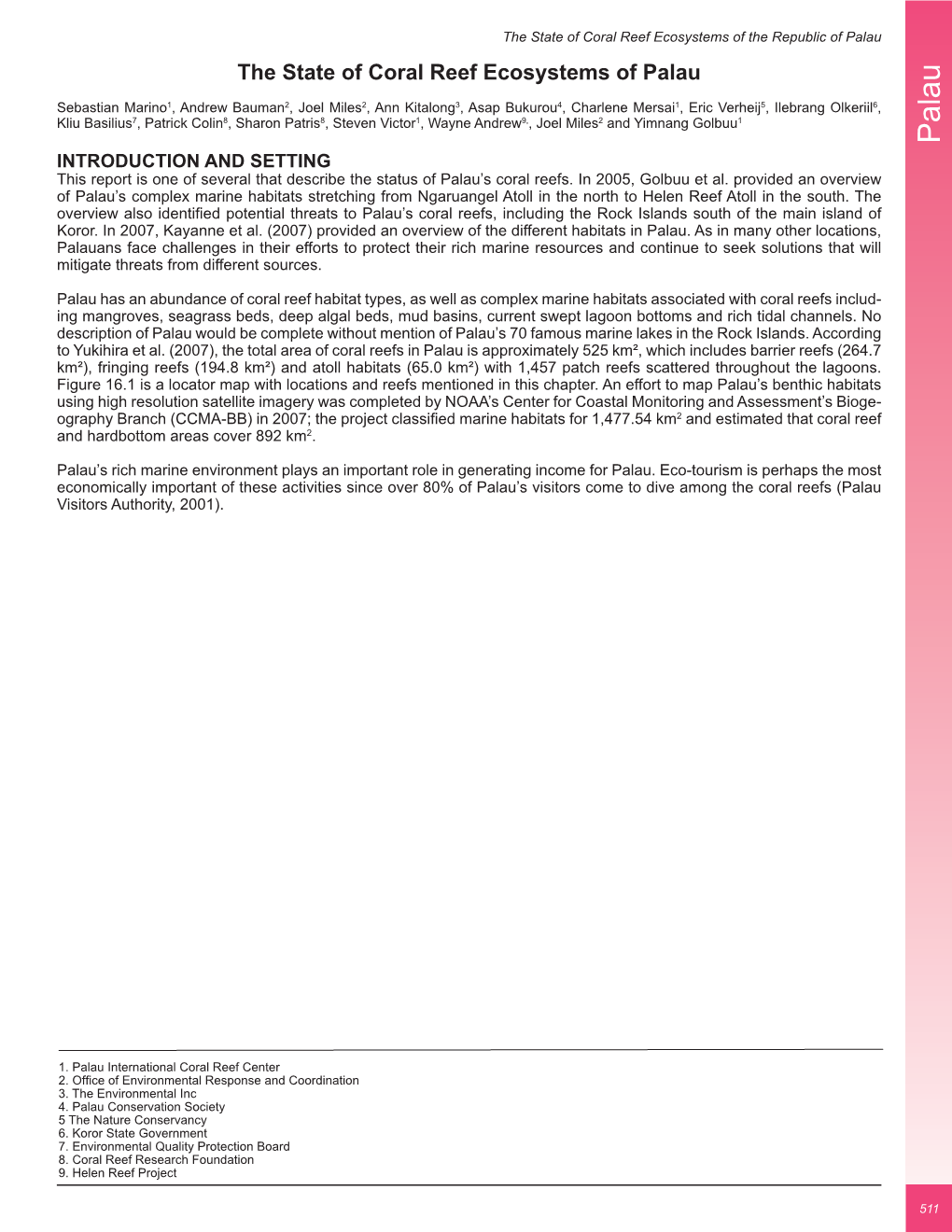 Palau the State of Coral Reef Ecosystems of Palau