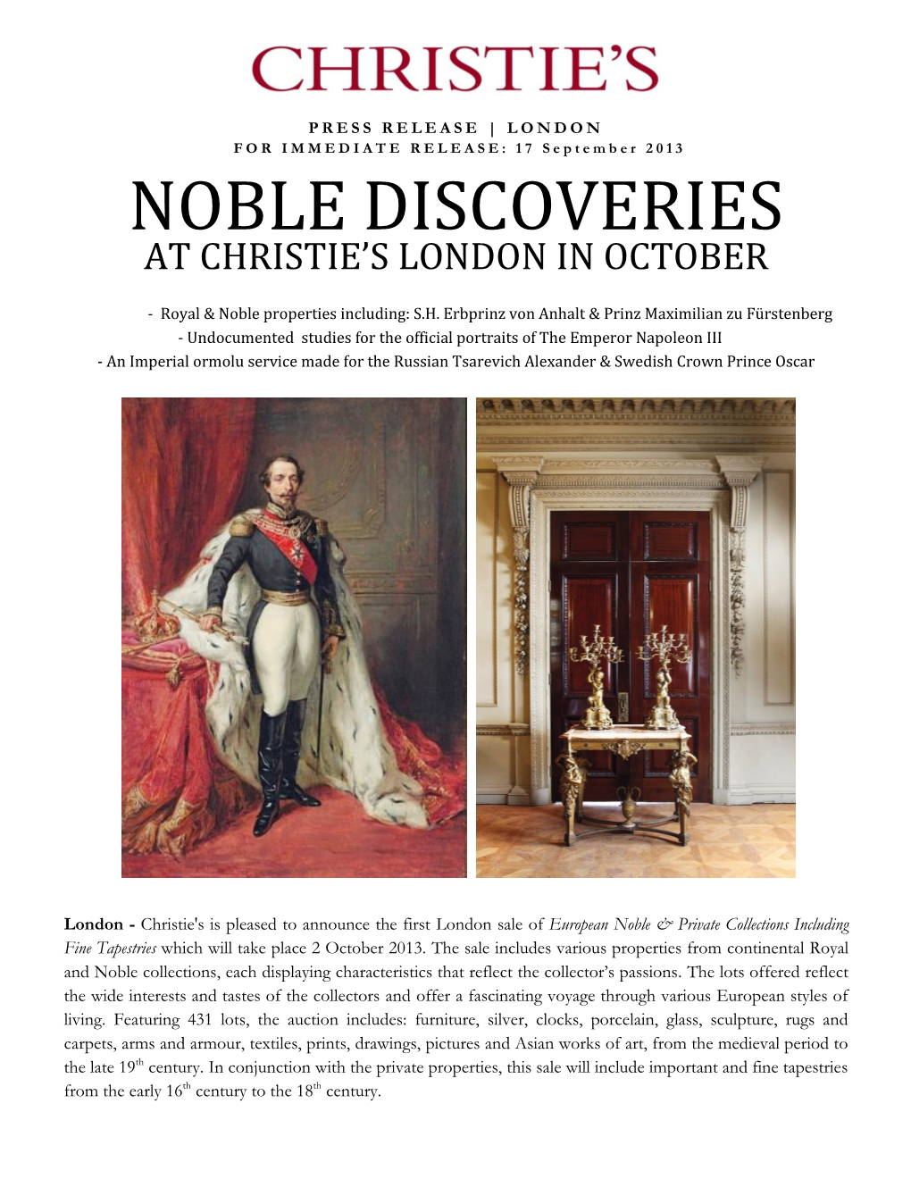 Noble Discoveries at Christie’S London in October