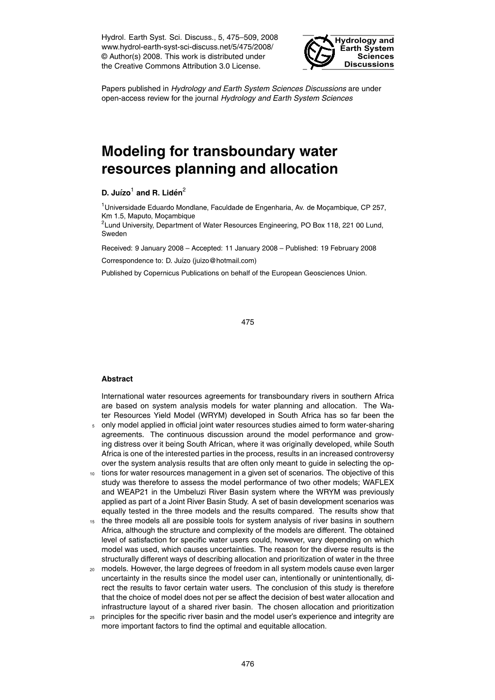 Modeling for Transboundary Water Resources Planning and Allocation