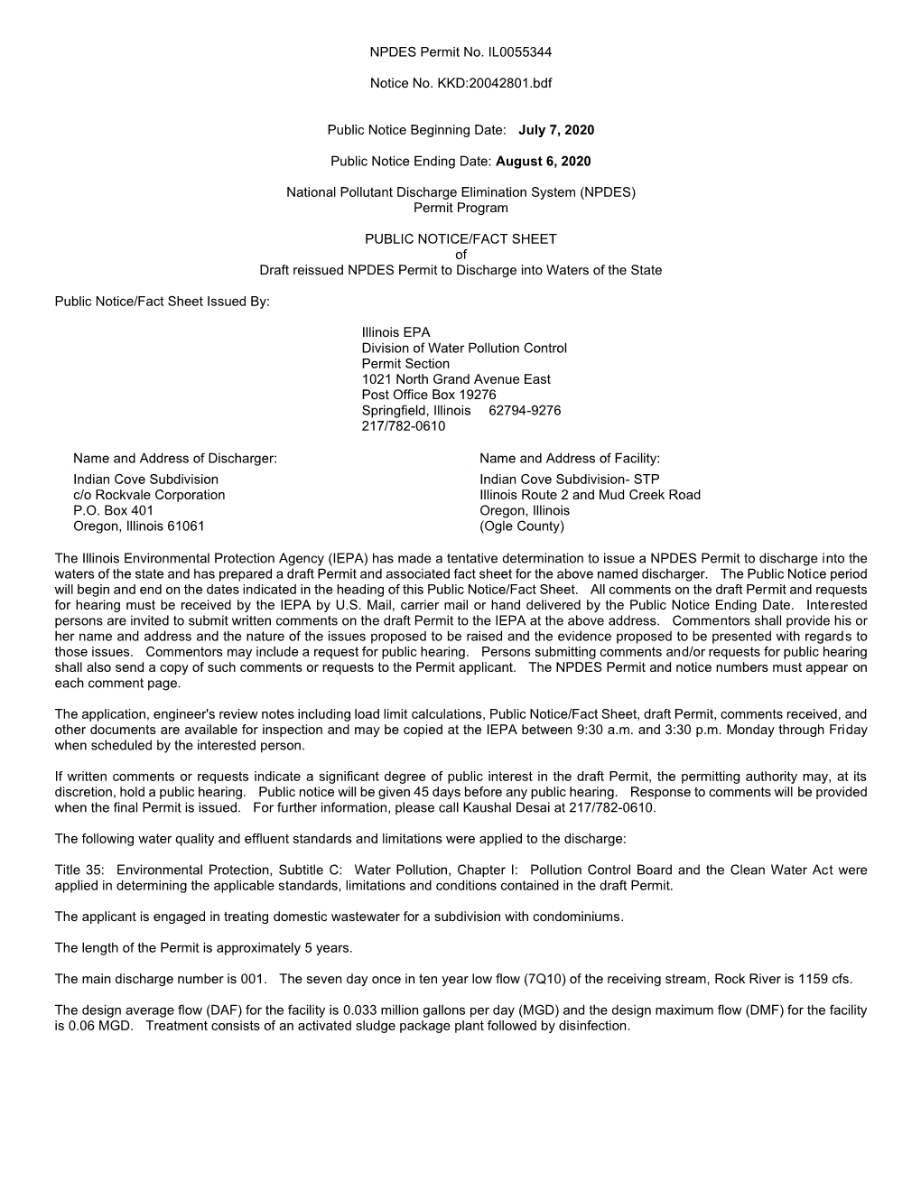 NPDES Permit No. IL0055344 Notice No. KKD:20042801.Bdf Public Notice Beginning Date: July 7, 2020 Public Notice Ending Date: Au